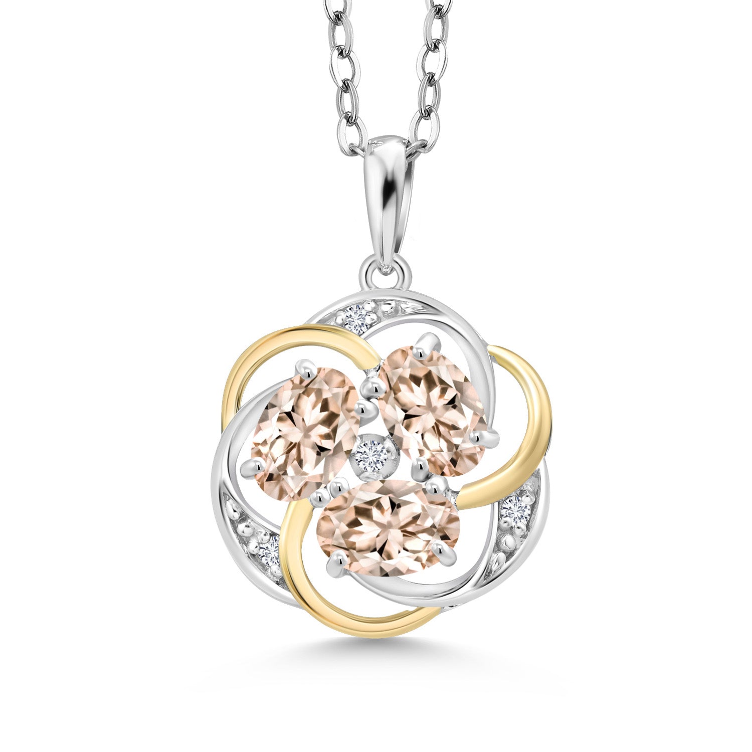 925 Silver and 10K Yellow Gold Peach Morganite and White Moissanite Pendant Necklace for Women | 1.54 Cttw | Gemstone October Birthstone | Oval 6X4MM | With 18 Inch Chain