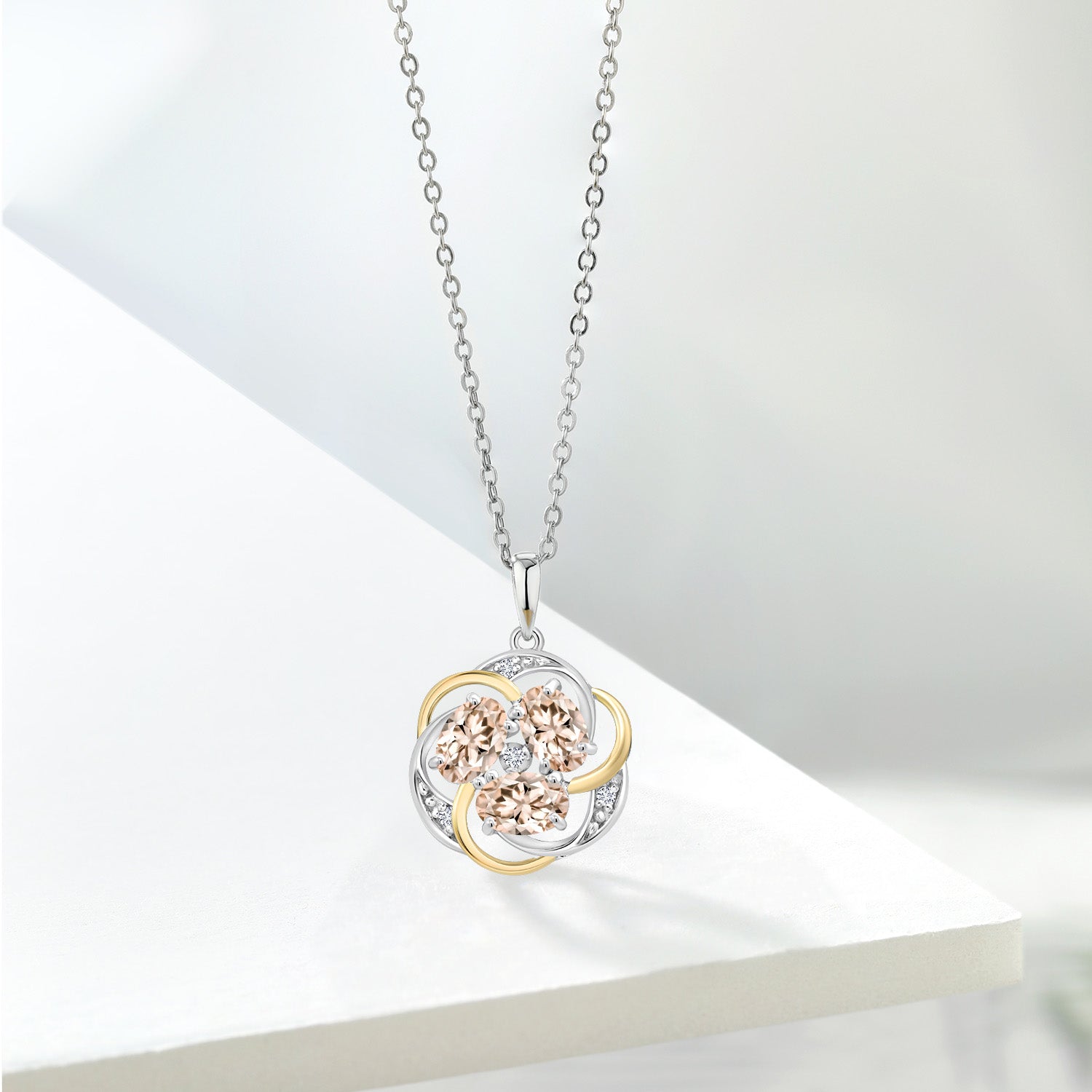 925 Silver and 10K Yellow Gold Peach Morganite and White Moissanite Pendant Necklace for Women | 1.54 Cttw | Gemstone October Birthstone | Oval 6X4MM | With 18 Inch Chain