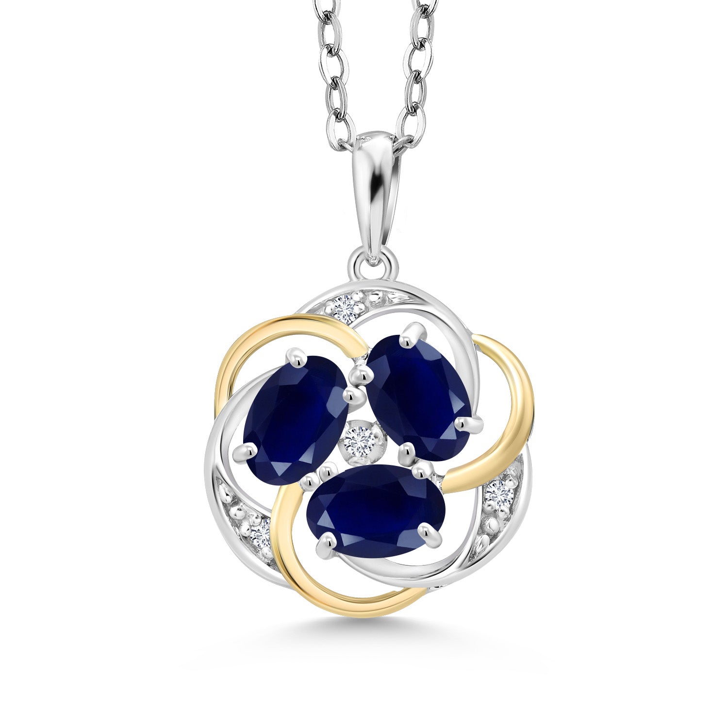 925 Silver and 10K Yellow Gold Blue Sapphire and White Lab Grown Diamond Pendant Necklace for Women | 1.71 Cttw | Gemstone September Birthstone | Oval 6X4MM | With 18 Inch Chain