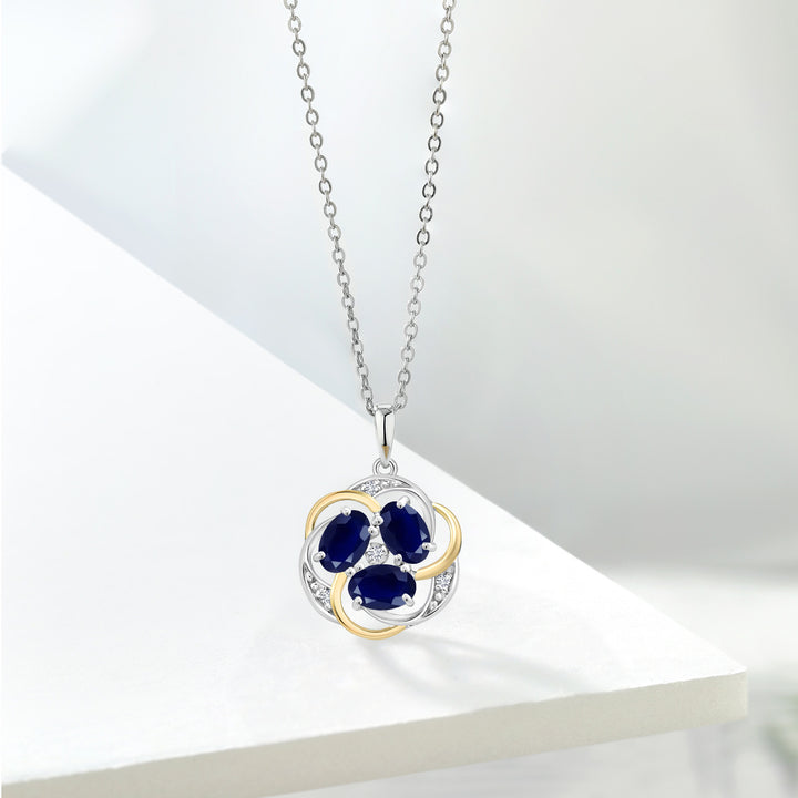 925 Silver and 10K Yellow Gold Blue Sapphire and White Lab Grown Diamond Pendant Necklace for Women | 1.71 Cttw | Gemstone September Birthstone | Oval 6X4MM | With 18 Inch Chain