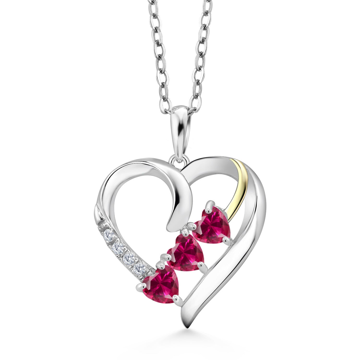 925 Silver and 10K Yellow Gold Red Created Ruby and White Lab Grown Diamond 3-Stone Heart Pendant Necklace for Women | 0.94 Cttw | 4MM Heart | With 18 Inch Chain