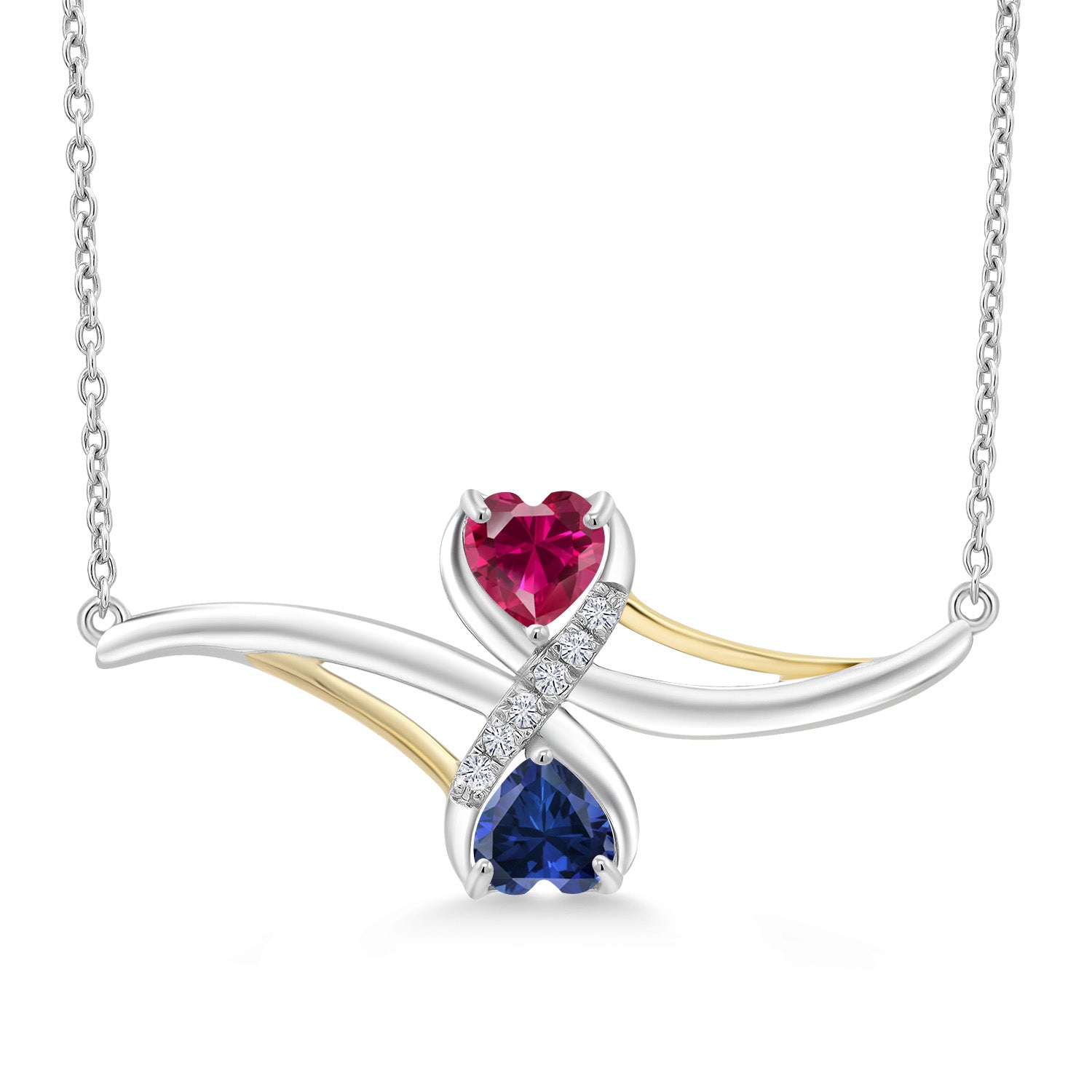 925 Silver and 10K Yellow Gold Red Created Ruby and Blue Created Sapphire with White Lab Grown Diamond Pendant Necklace For Women (1.16 Cttw, with 18 Inch Chain)