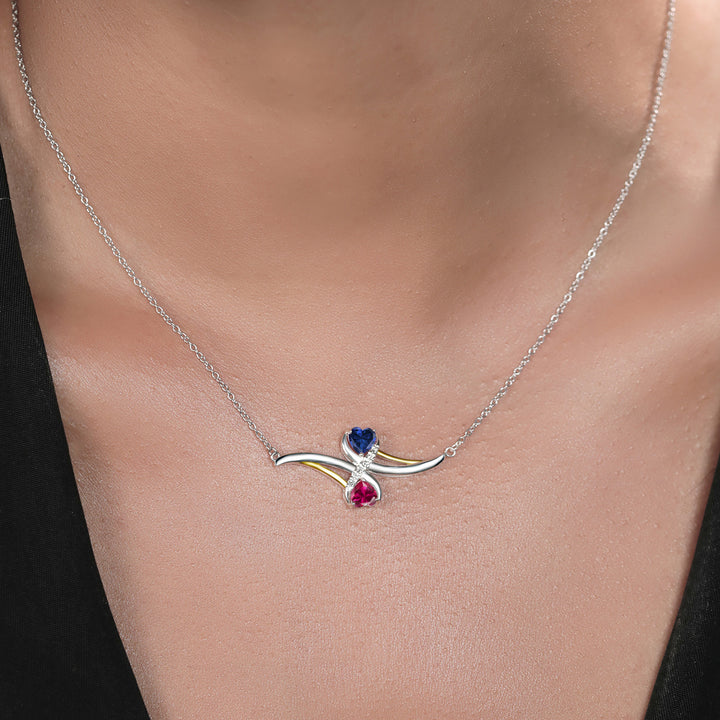 925 Silver and 10K Yellow Gold Red Created Ruby and Blue Created Sapphire with White Lab Grown Diamond Pendant Necklace For Women (1.16 Cttw, with 18 Inch Chain)