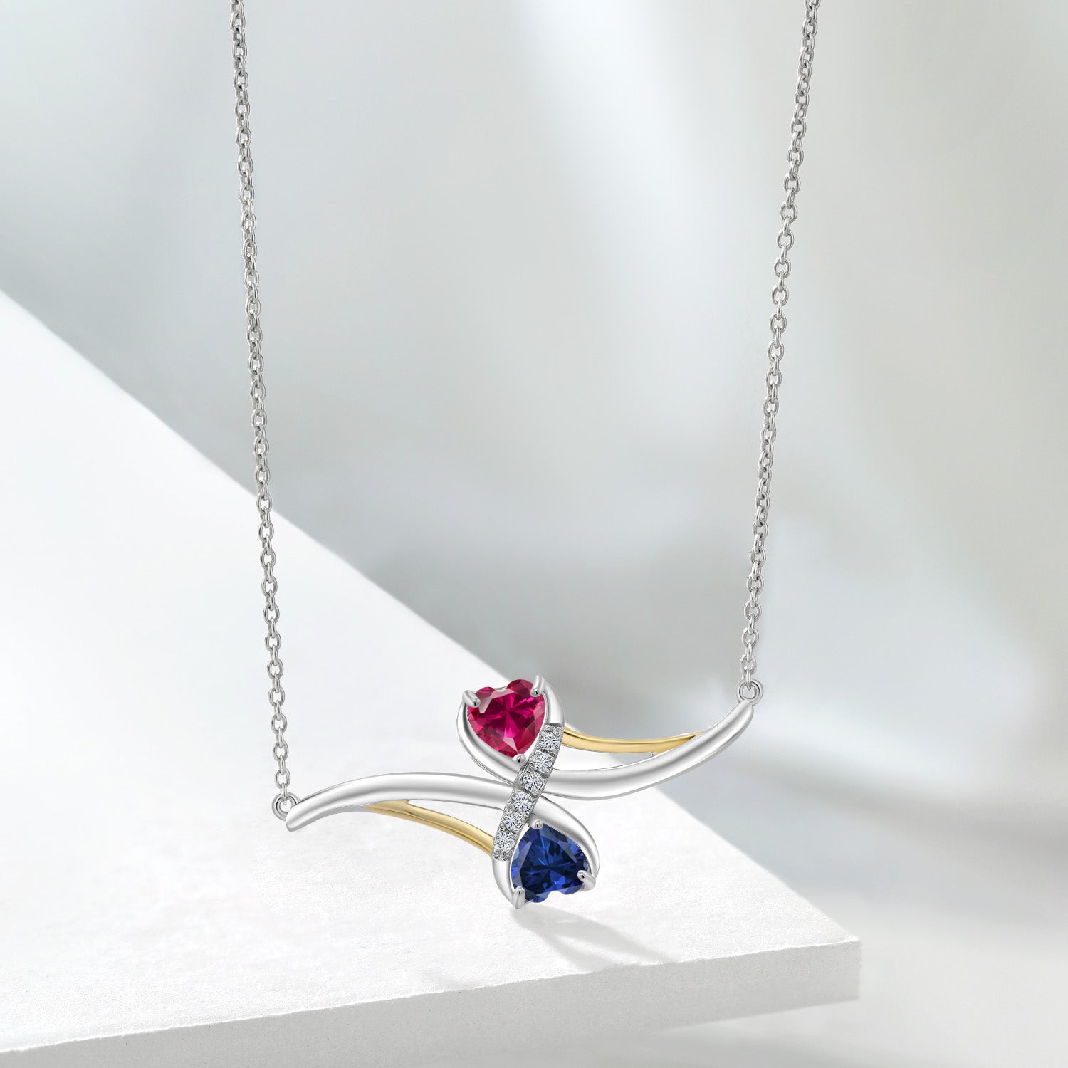 925 Silver and 10K Yellow Gold Red Created Ruby and Blue Created Sapphire with White Lab Grown Diamond Pendant Necklace For Women (1.16 Cttw, with 18 Inch Chain)