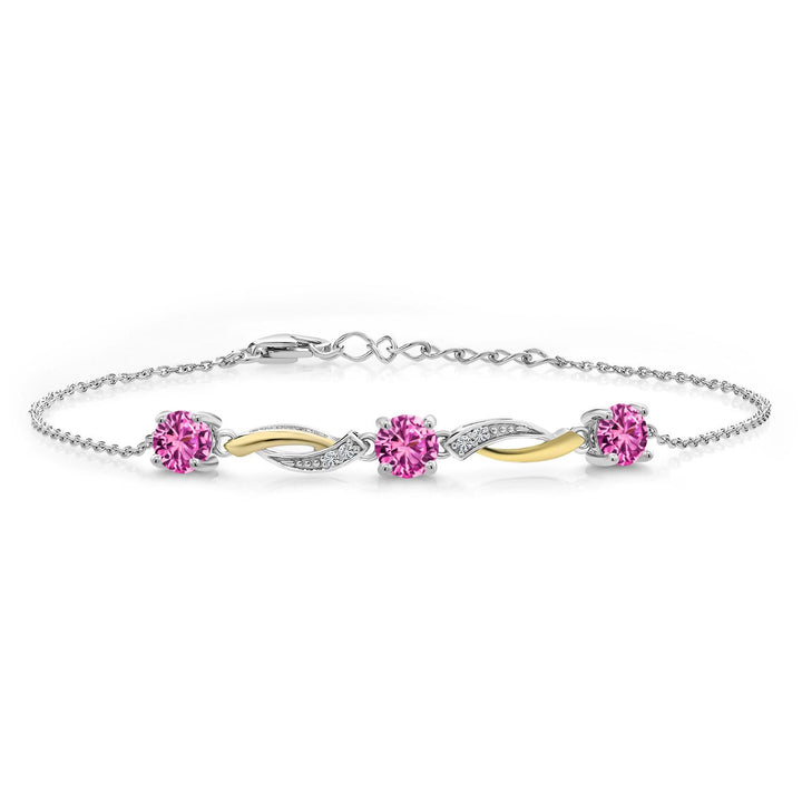 Gem Stone King 5MM Round Gemstone Birthstone and Lab Grown Diamond 925 Silver and 10K Yellow Gold Tennis Bracelet For Women | 7 Inch With 1 Inch Extender