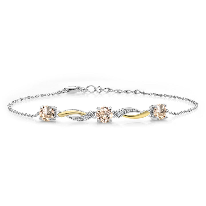 Gem Stone King 3-Stone Infinity Tennis Bracelet for Women | 925 Silver & 10K Yellow Gold | 5MM Round Gemstone Birthstone with Moissanite | 7 Inch with 1 Inch Extender