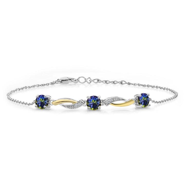 Gem Stone King 3-Stone Infinity Tennis Bracelet for Women | 925 Silver & 10K Yellow Gold | 5MM Round Gemstone Birthstone with Moissanite | 7 Inch with 1 Inch Extender