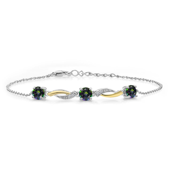 5MM Round Gemstone Birthstone and Lab Grown Diamond 925 Silver and 10K Yellow Gold Tennis Bracelet For Women | 7 Inch With 1 Inch Extender