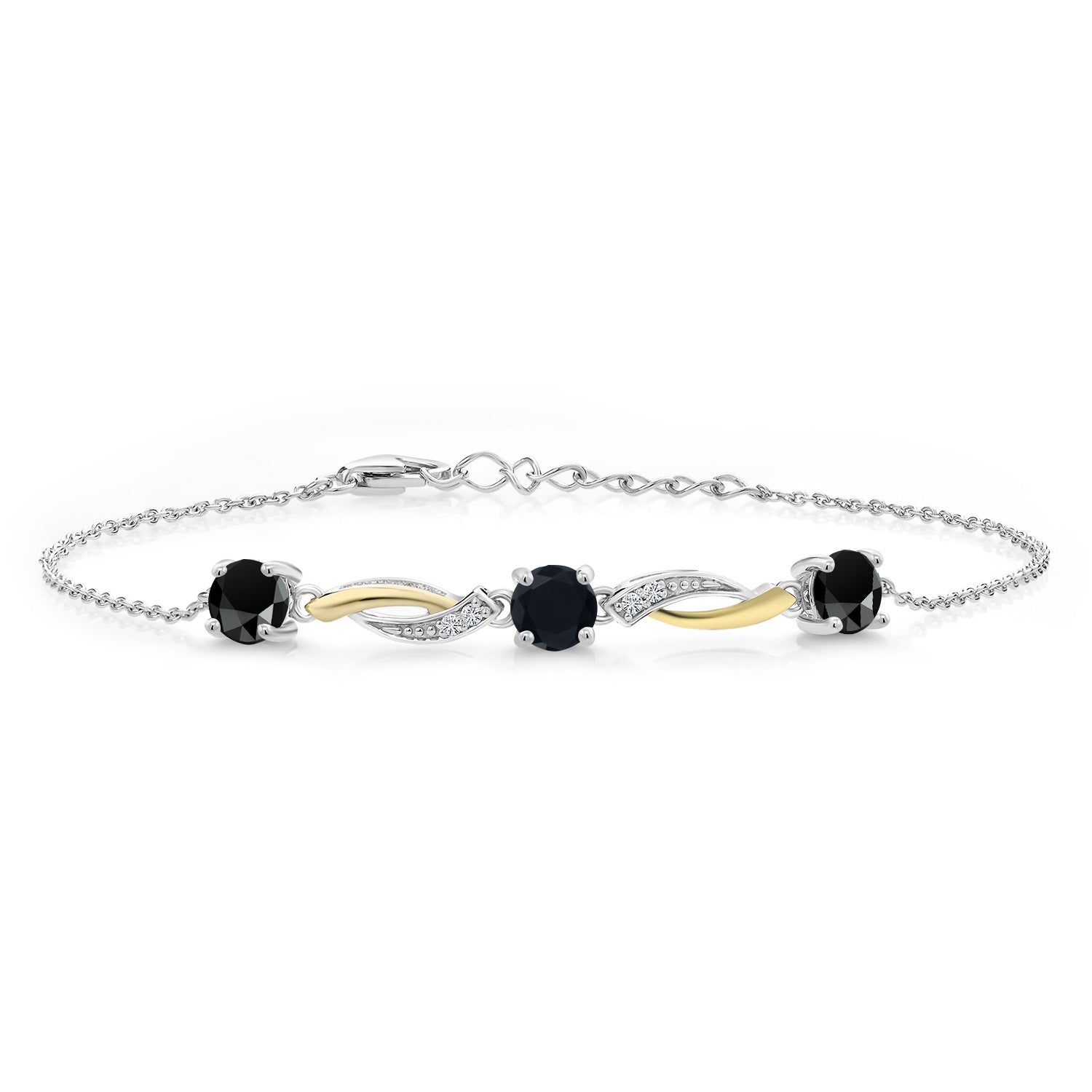 2-Tone 925 Sterling Silver and 10K Yellow Gold Black Onyx and White Lab Grown Diamond Tennis Bracelet For Women (1.47 Cttw, Gemstone Birthstone, 7 Inch with 1 Inch Extender )