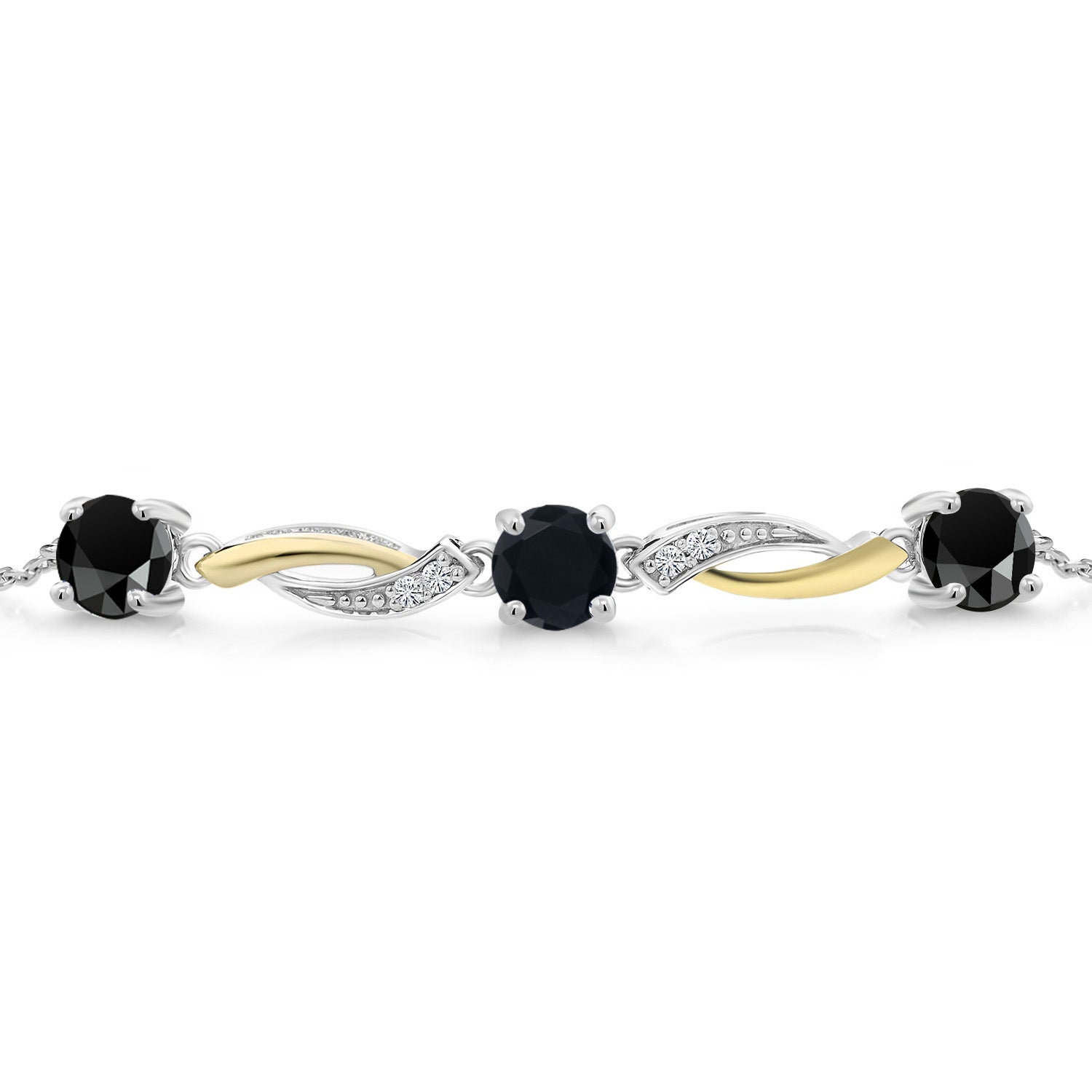 2-Tone 925 Sterling Silver and 10K Yellow Gold Black Onyx and White Lab Grown Diamond Tennis Bracelet For Women (1.47 Cttw, Gemstone Birthstone, 7 Inch with 1 Inch Extender )