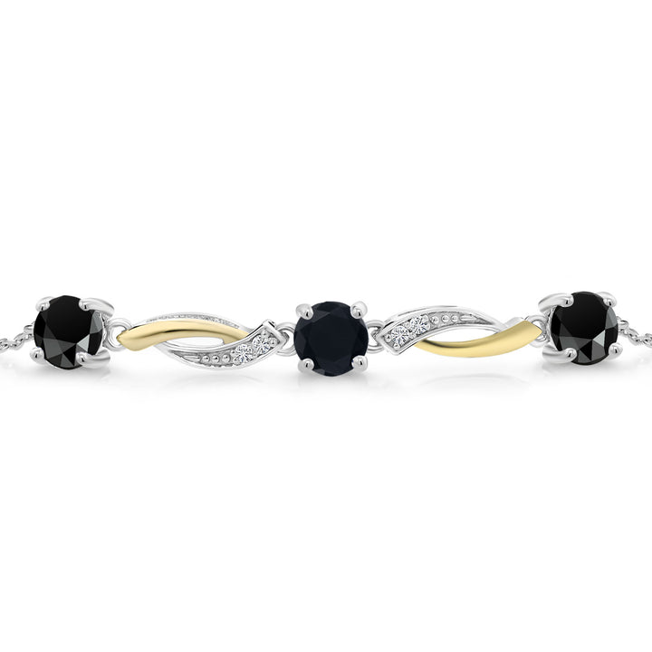 2-Tone 925 Sterling Silver and 10K Yellow Gold Black Onyx and White Lab Grown Diamond Tennis Bracelet For Women (1.47 Cttw, Gemstone Birthstone, 7 Inch with 1 Inch Extender )