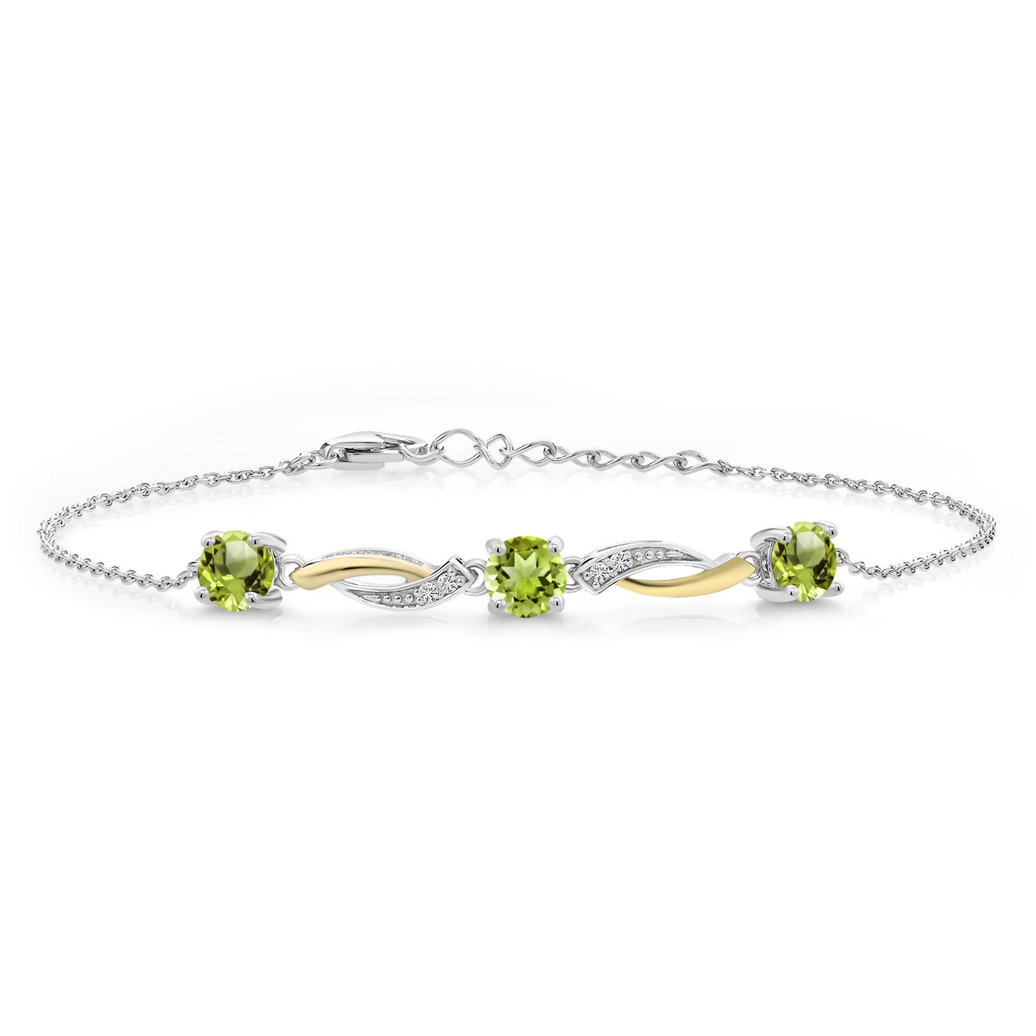 1.69 Cttw Green Peridot and White Lab Grown Diamond 925 Silver and 10K Yellow Gold 7 Inch Tennis Bracelet For Women with 1 Inch Extender