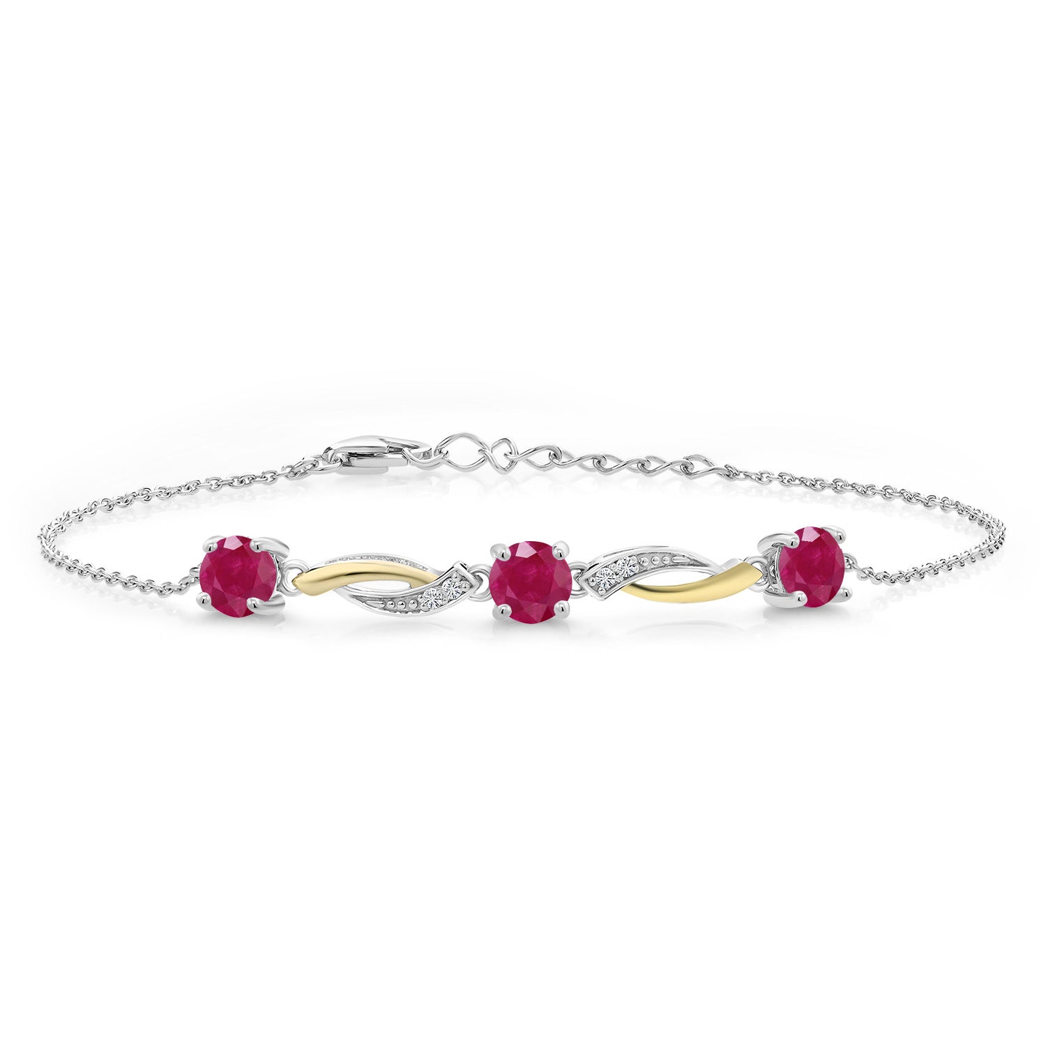 925 Sterling Silver and 10K Yellow Gold Red Ruby and White Lab Grown Diamond Tennis Bracelet For Women (1.69 Cttw, Gemstone Birthstone, 7 Inch with 1 Inch Extender)