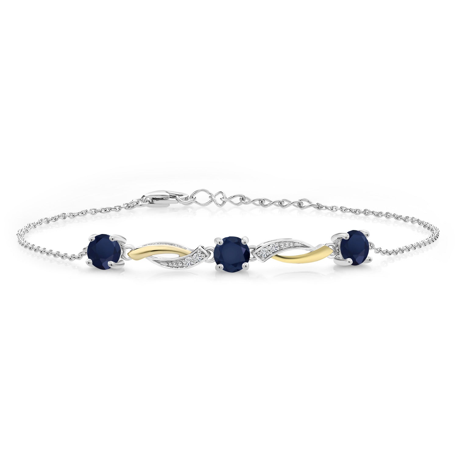 925 Sterling Silver and 10K Yellow Gold Blue Sapphire and White Lab Grown Diamond Women Tennis Bracelet (1.84 Cttw, Gemstone Birthstone, Round 5MM)