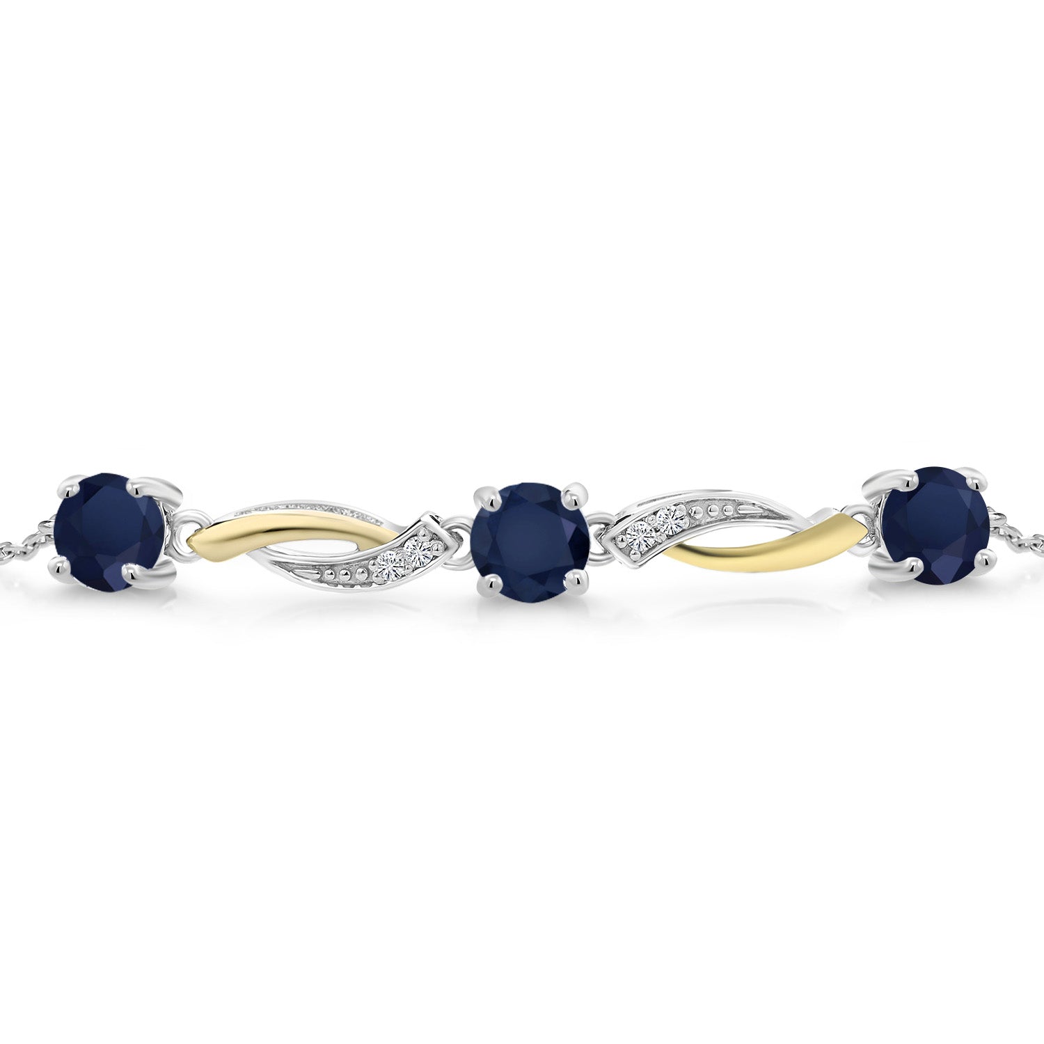 925 Sterling Silver and 10K Yellow Gold Blue Sapphire and White Lab Grown Diamond Women Tennis Bracelet (1.84 Cttw, Gemstone Birthstone, Round 5MM)