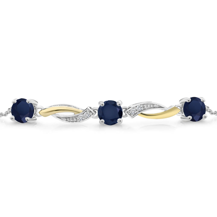 925 Sterling Silver and 10K Yellow Gold Blue Sapphire and White Lab Grown Diamond Women Tennis Bracelet (1.84 Cttw, Gemstone Birthstone, Round 5MM)