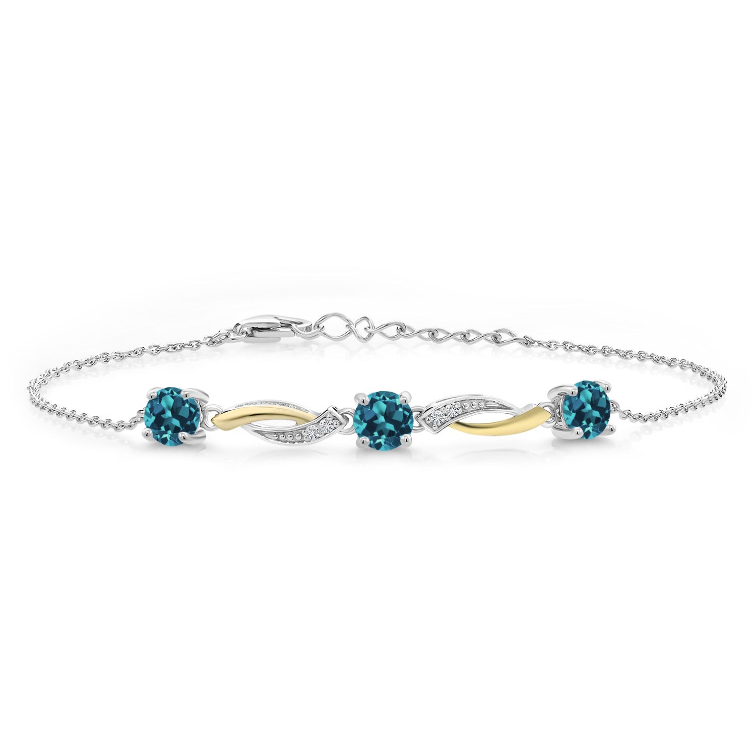 925 Silver and 10K Yellow Gold London Blue Topaz and White Lab Grown Diamond Tennis Bracelet For Women (2.14 Cttw, Gemstone Birthstone, 7 Inch , with 1 Inch Extender)