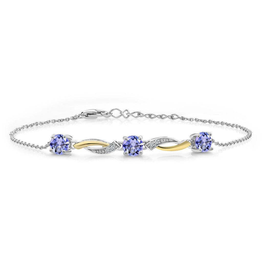 Gem Stone King 5MM Round Gemstone Birthstone and Lab Grown Diamond 925 Silver and 10K Yellow Gold Tennis Bracelet For Women | 7 Inch With 1 Inch Extender