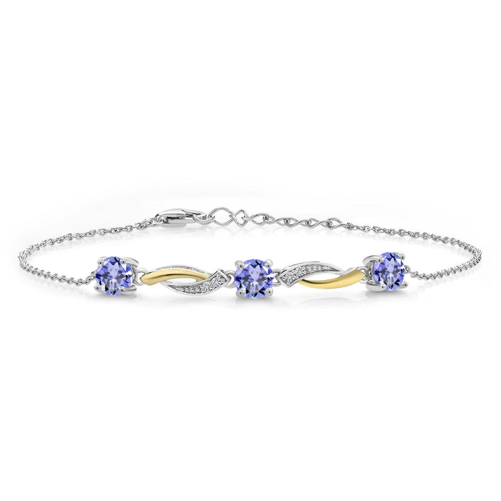 Gem Stone King 5MM Round Gemstone Birthstone and Lab Grown Diamond 925 Silver and 10K Yellow Gold Tennis Bracelet For Women | 7 Inch With 1 Inch Extender