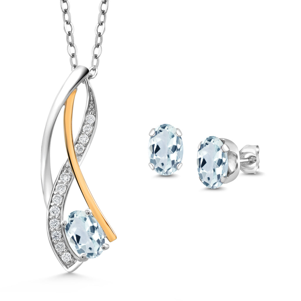 Aquamarine - March_Pendant Earrings Set in 925 Sterling Silver and 10K Yellow Gold