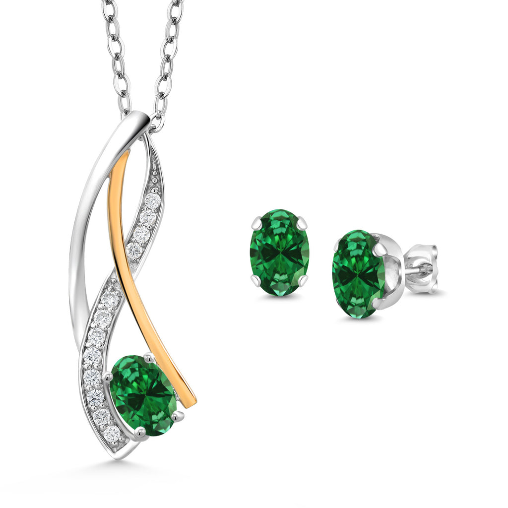 Created Emerald - May_Pendant Earrings Set in 925 Sterling Silver and 10K Yellow Gold