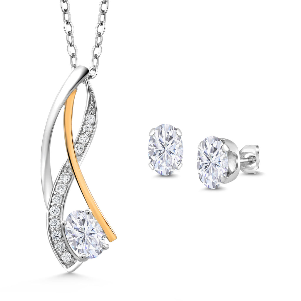 White Moissanite - April_Pendant Earrings Set in 925 Sterling Silver and 10K Yellow Gold