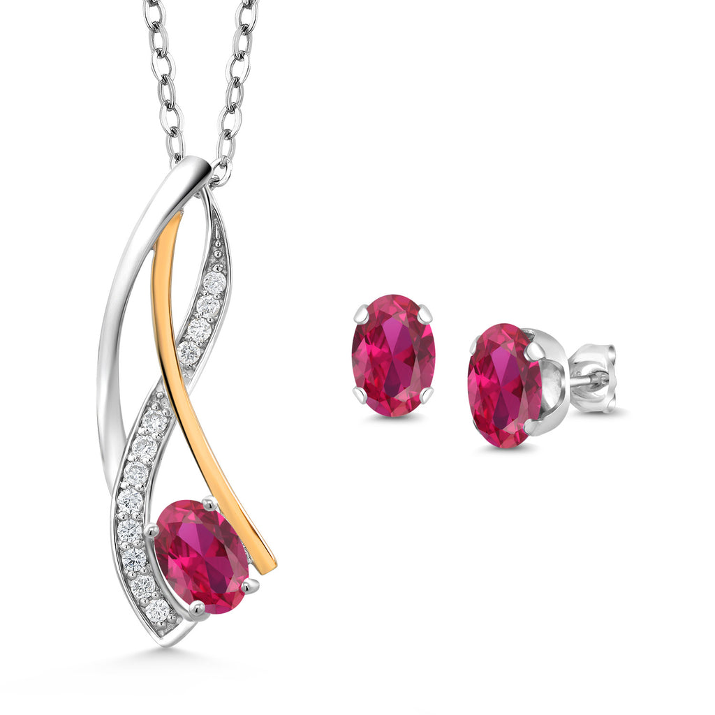Created Ruby - July_Pendant Earrings Set in 925 Sterling Silver and 10K Yellow Gold