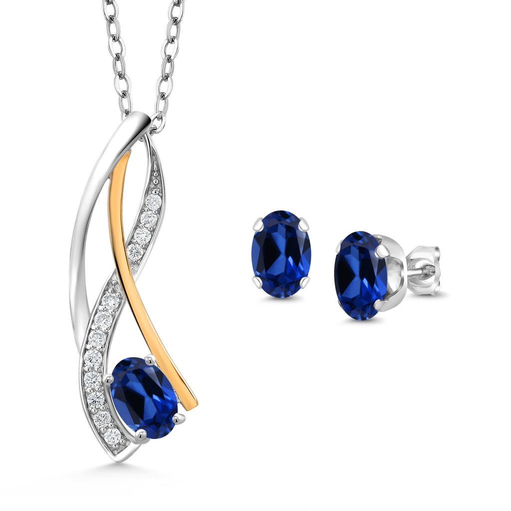 Blue Created Sapphire - September_Pendant Earrings Set in 925 Sterling Silver and 10K Yellow Gold
