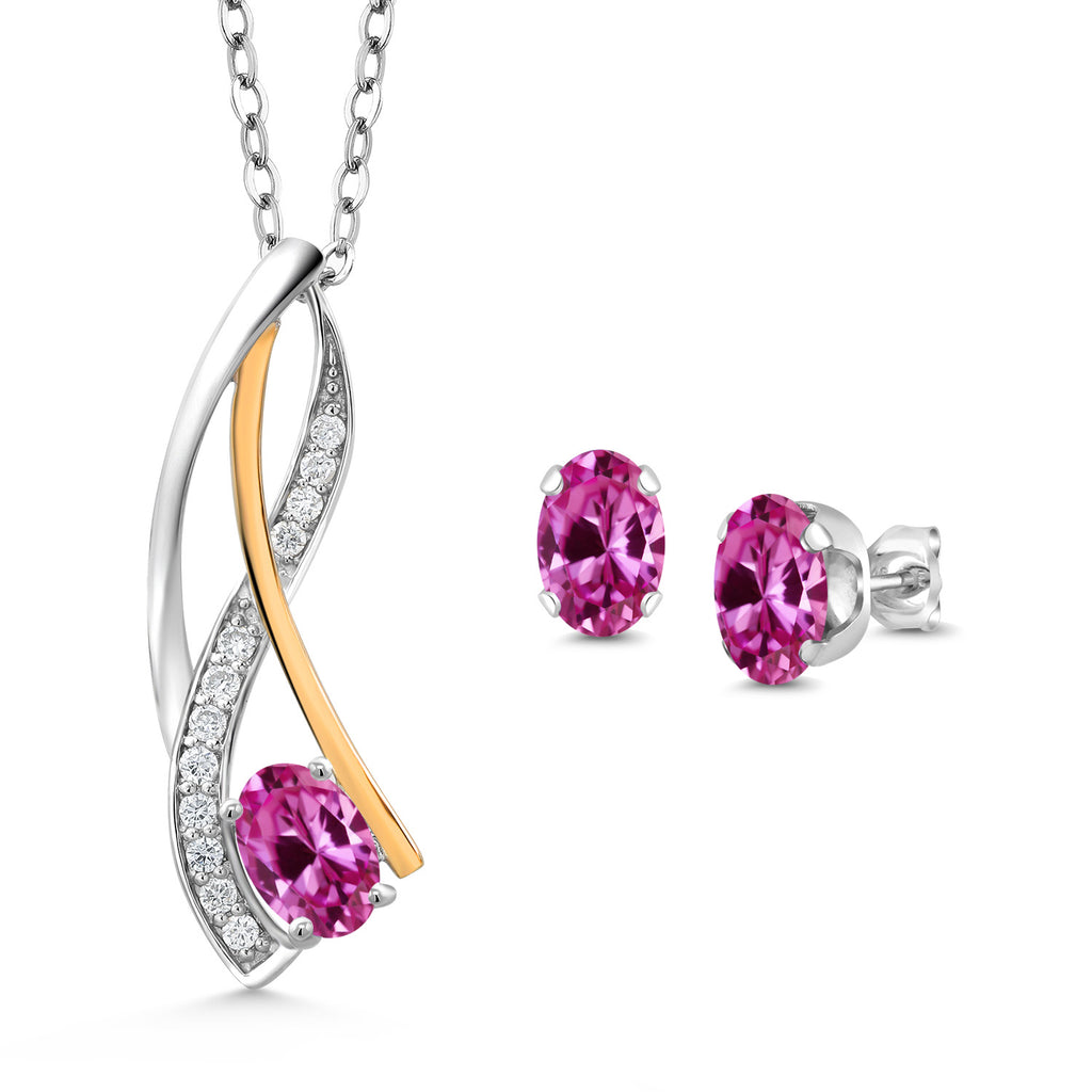Pink Created Sapphire - September_Pendant Earrings Set in 925 Sterling Silver and 10K Yellow Gold