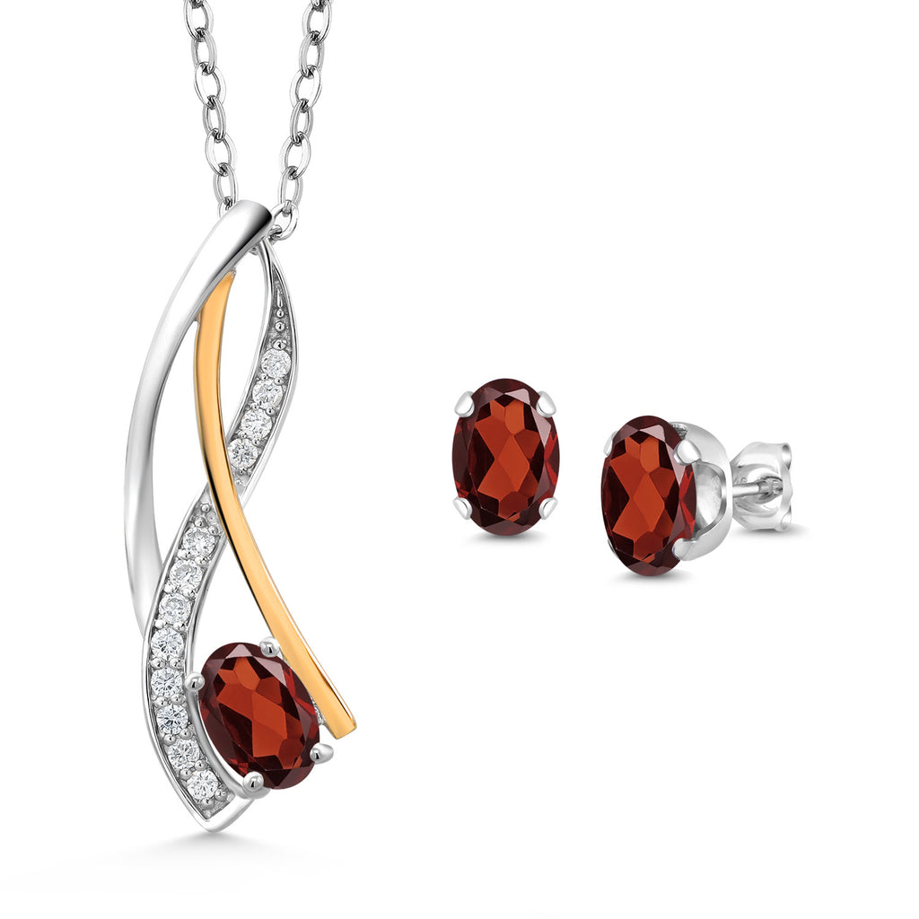 Garnet - January_Pendant Earrings Set in 925 Sterling Silver and 10K Yellow Gold