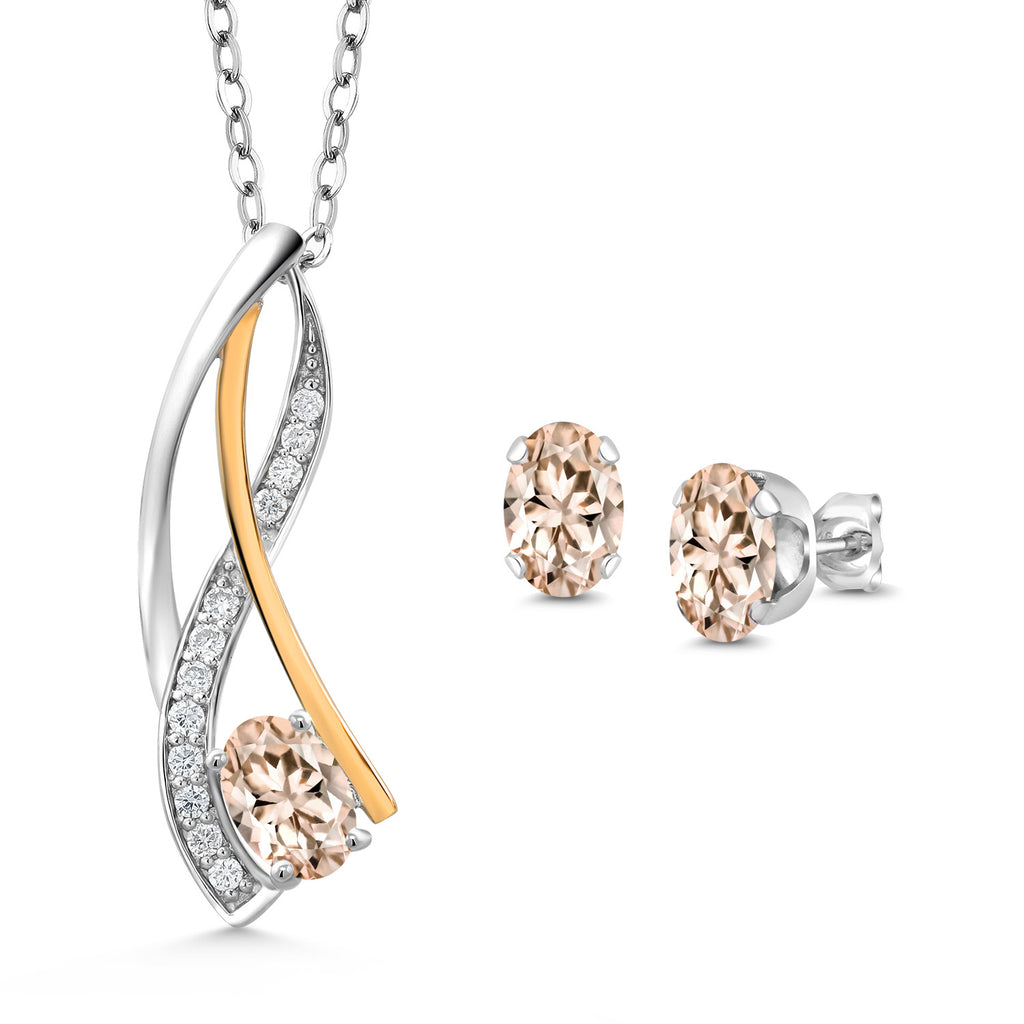 Morganite - October_Pendant Earrings Set in 925 Sterling Silver and 10K Yellow Gold