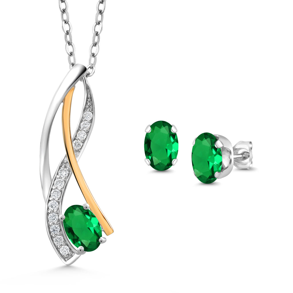 Nano Emerald - May_Pendant Earrings Set in 925 Sterling Silver and 10K Yellow Gold