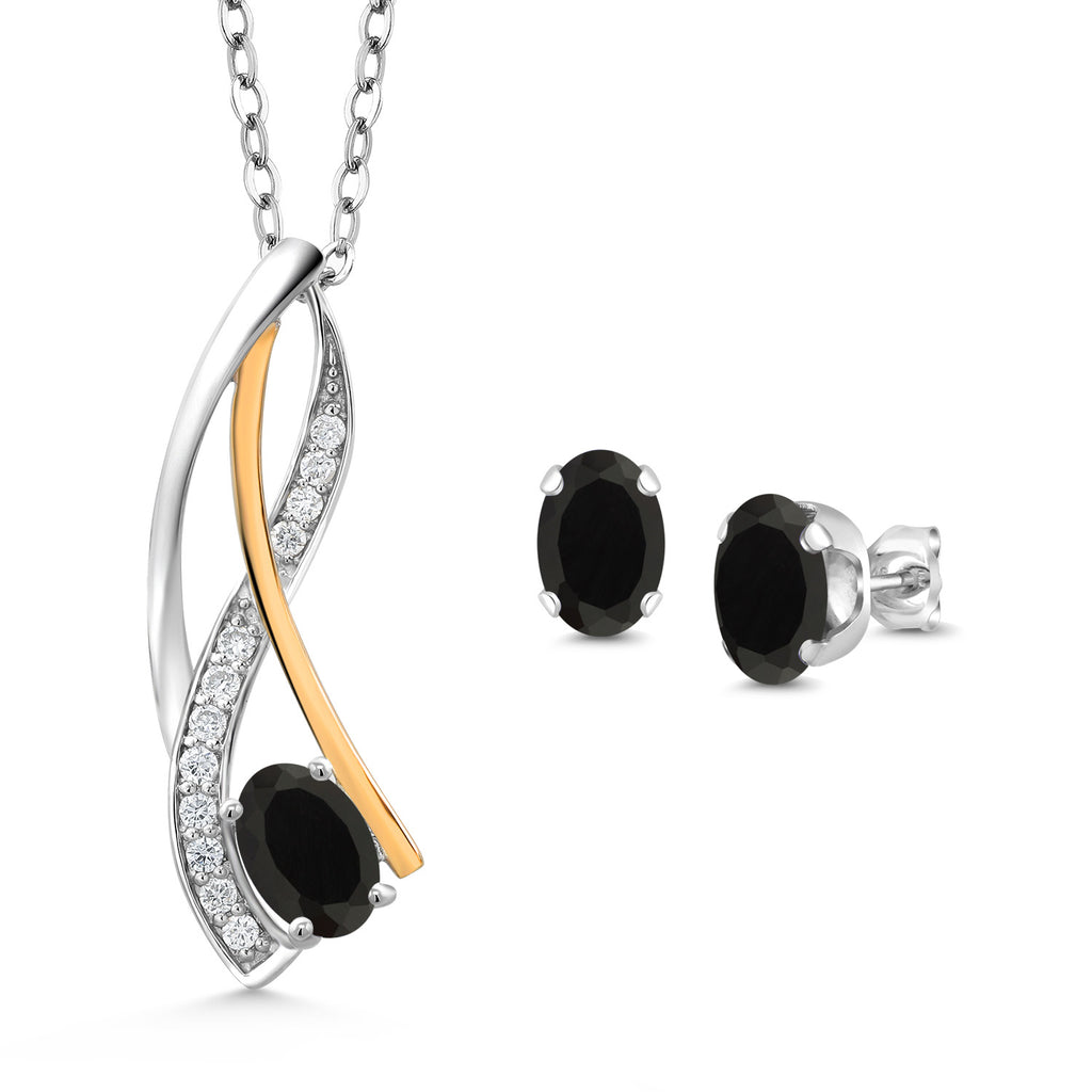 Onyx - December_Pendant Earrings Set in 925 Sterling Silver and 10K Yellow Gold