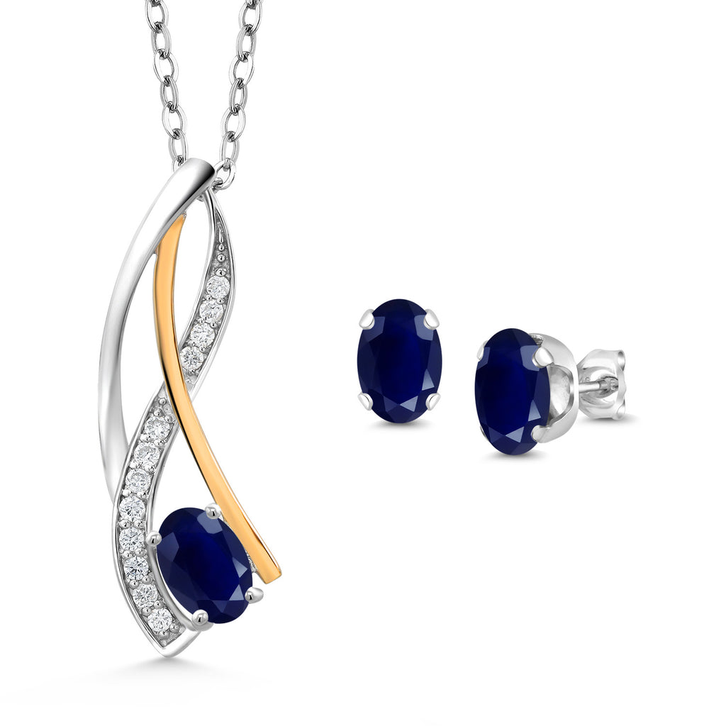 Blue Sapphire - September_Pendant Earrings Set in 925 Sterling Silver and 10K Yellow Gold