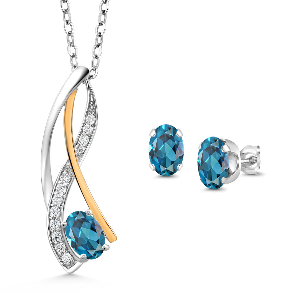 London Blue Topaz - November_Pendant Earrings Set in 925 Sterling Silver and 10K Yellow Gold