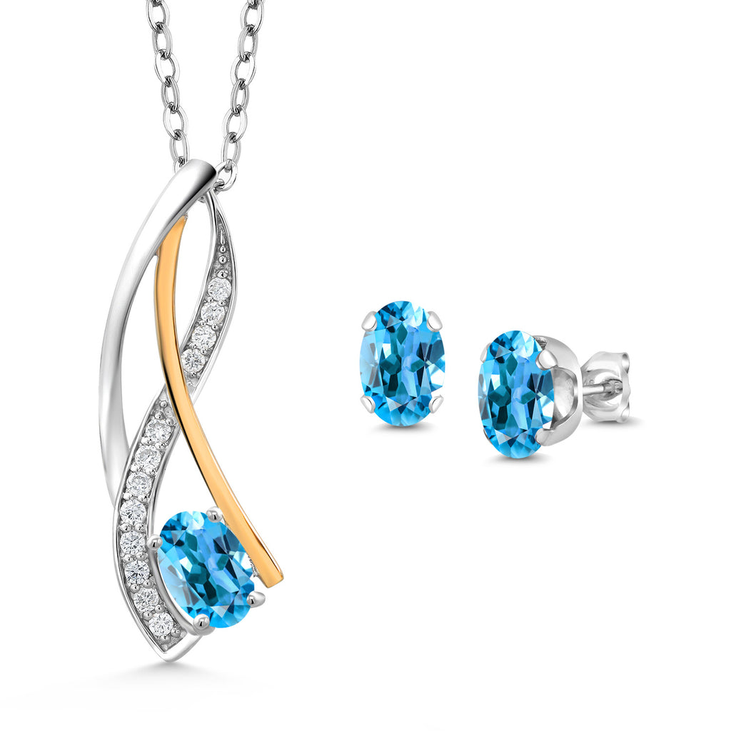 Swiss Blue Topaz - November_Pendant Earrings Set in 925 Sterling Silver and 10K Yellow Gold