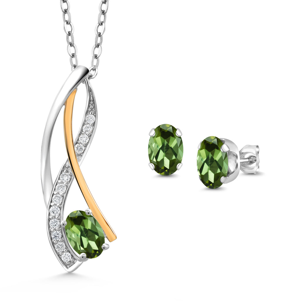 Green Tourmaline - October_Pendant Earrings Set in 925 Sterling Silver and 10K Yellow Gold