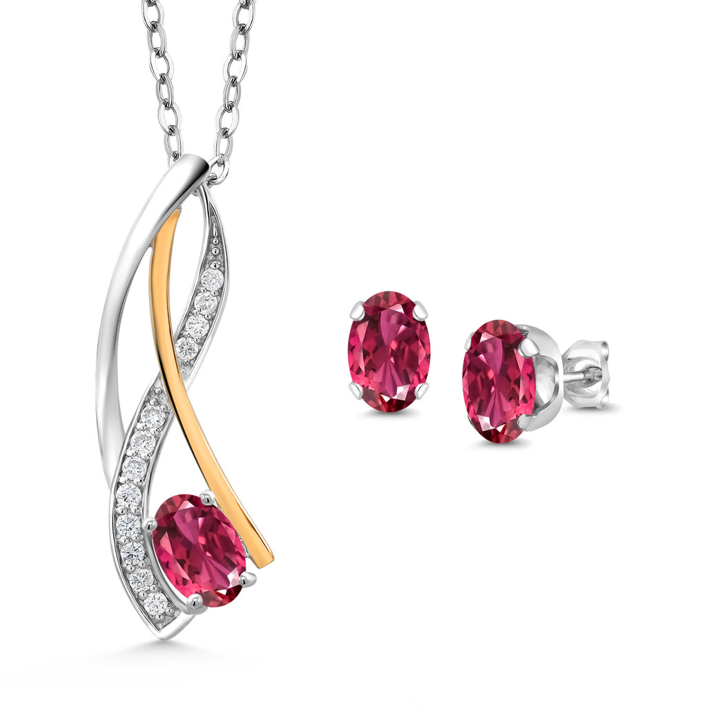 Pink Tourmaline - October_Pendant Earrings Set in 925 Sterling Silver and 10K Yellow Gold