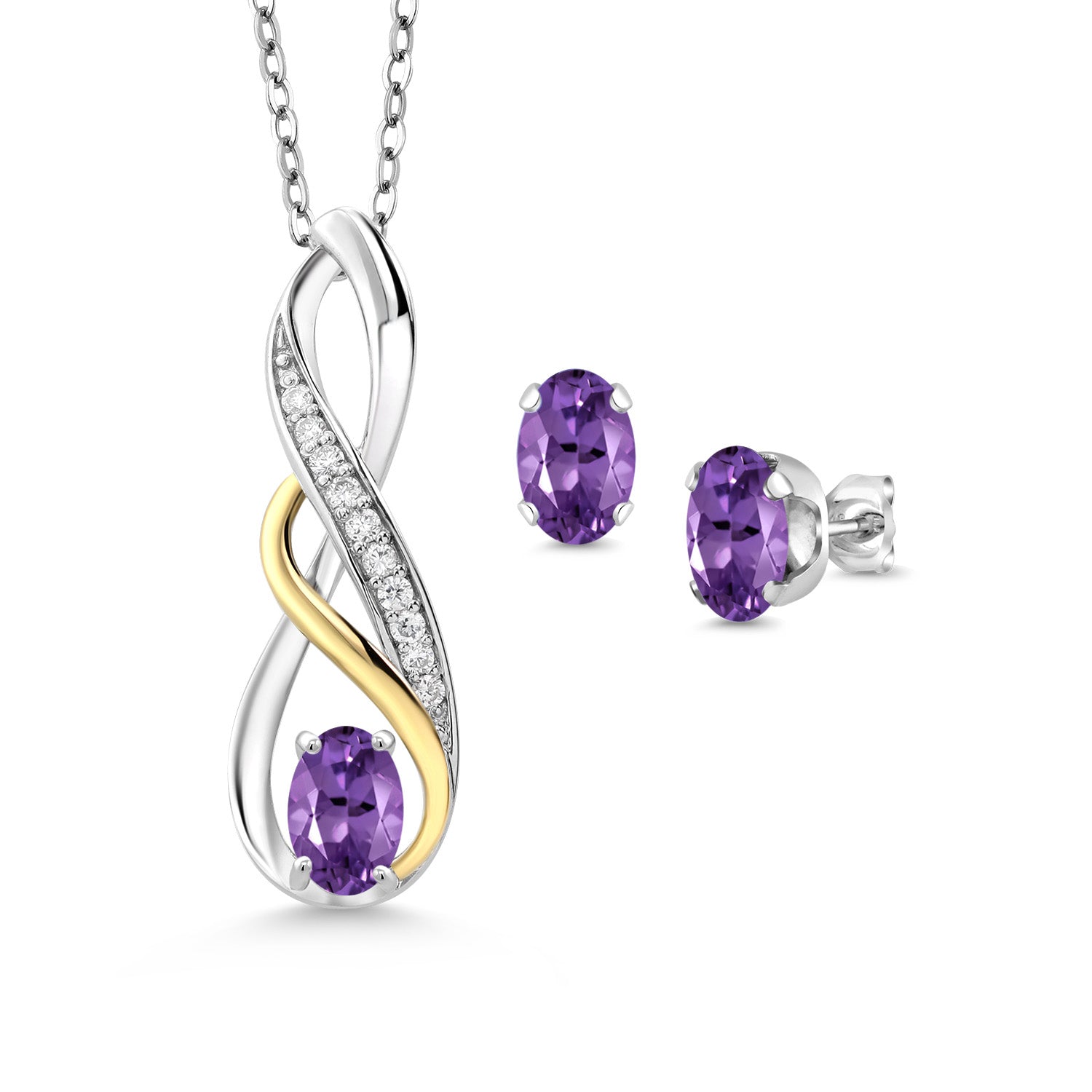 1.42 Ct Purple Amethyst E-F Lab Grown Diamond 925 Silver and 10K Yellow Gold Pendant and Earrings Jewelry Set