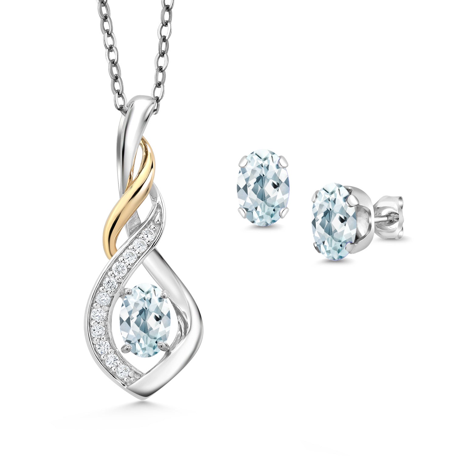 Aquamarine - March_Pendant Earrings Set in 925 Sterling Silver and 10K Yellow Gold