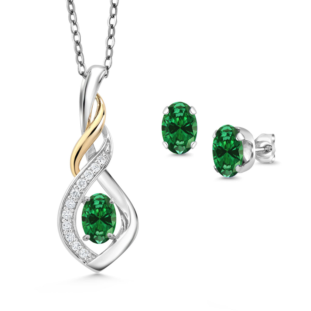 Created Emerald - May_Pendant Earrings Set in 925 Sterling Silver and 10K Yellow Gold