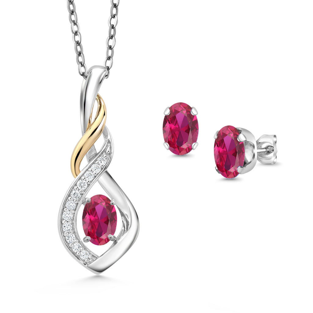 Created Ruby - July_Pendant Earrings Set in 925 Sterling Silver and 10K Yellow Gold