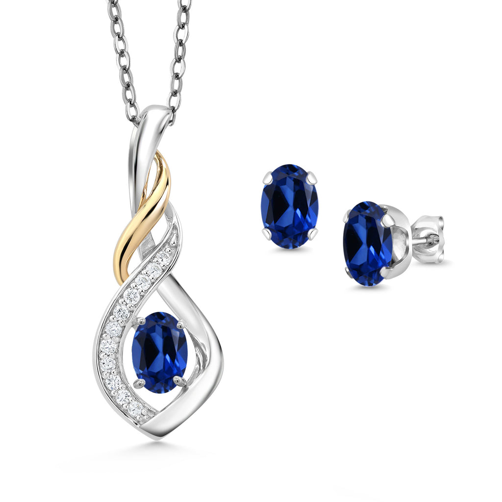 Created Sapphire - September_Pendant Earrings Set in 925 Sterling Silver and 10K Yellow Gold