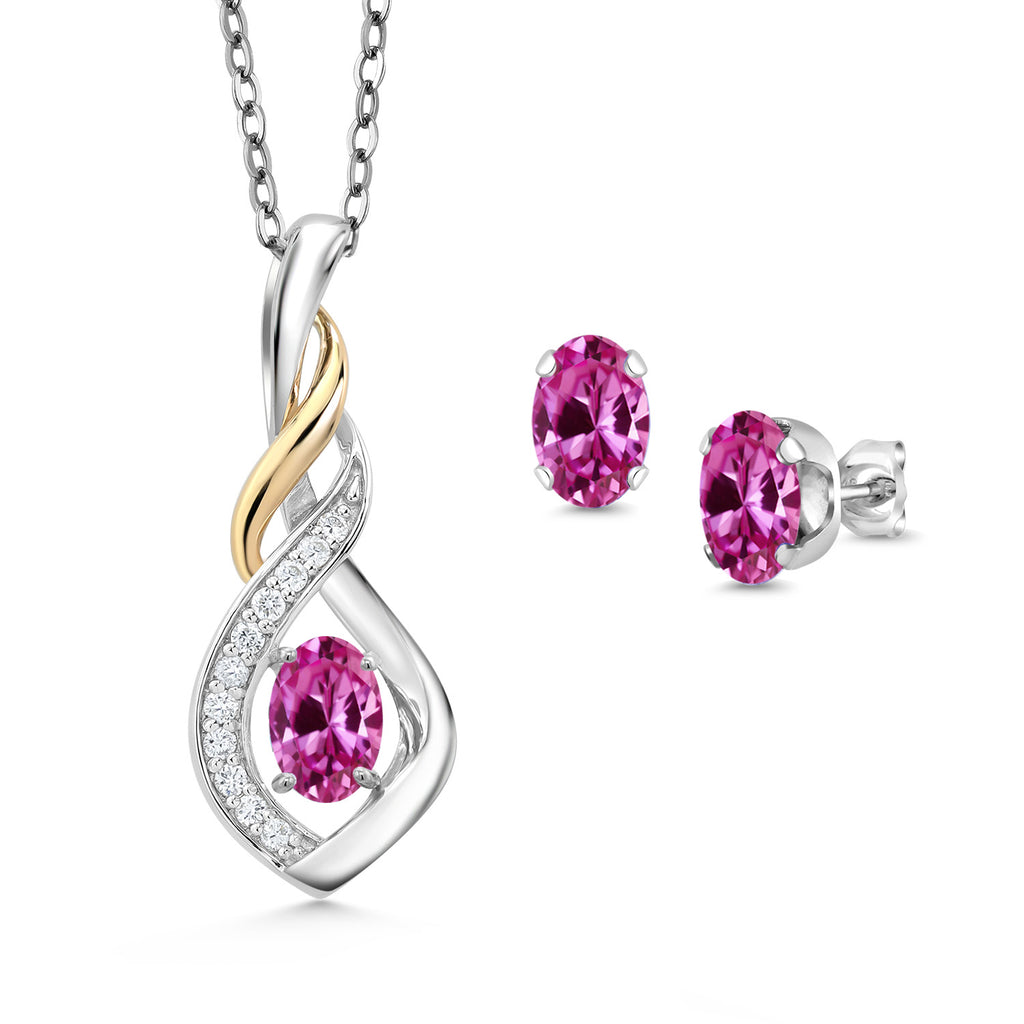 Pink Created Sapphire - September_Pendant Earrings Set in 925 Sterling Silver and 10K Yellow Gold