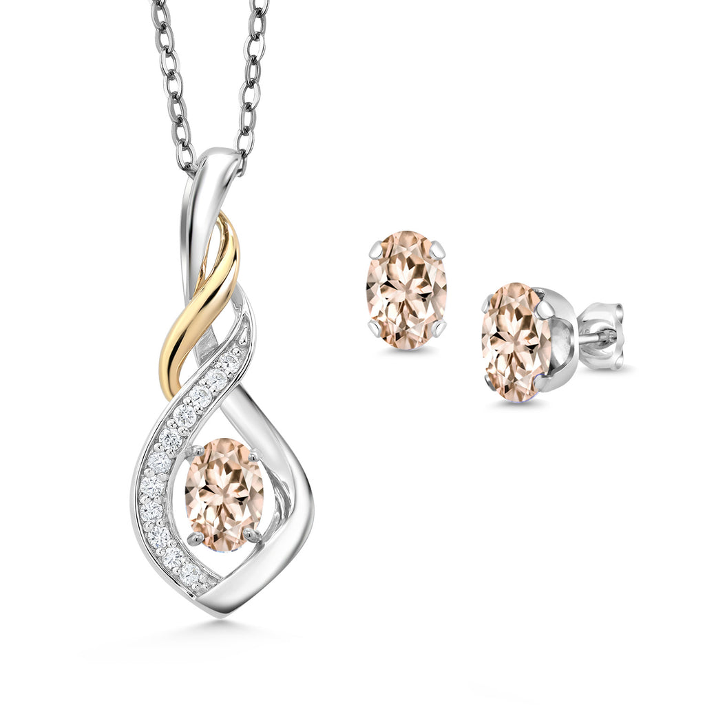 Morganite - October_Pendant Earrings Set in 925 Sterling Silver and 10K Yellow Gold