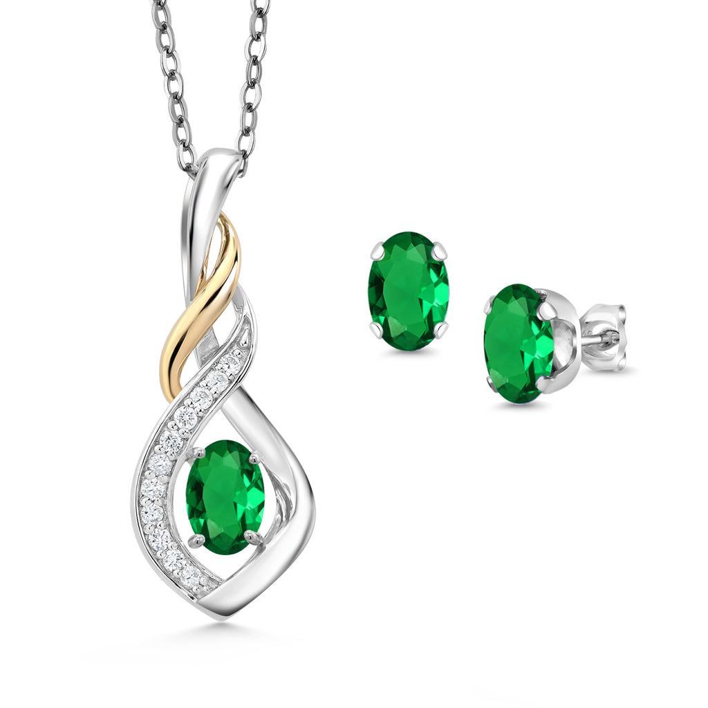 Nano Emerald - May_Pendant Earrings Set in 925 Sterling Silver and 10K Yellow Gold