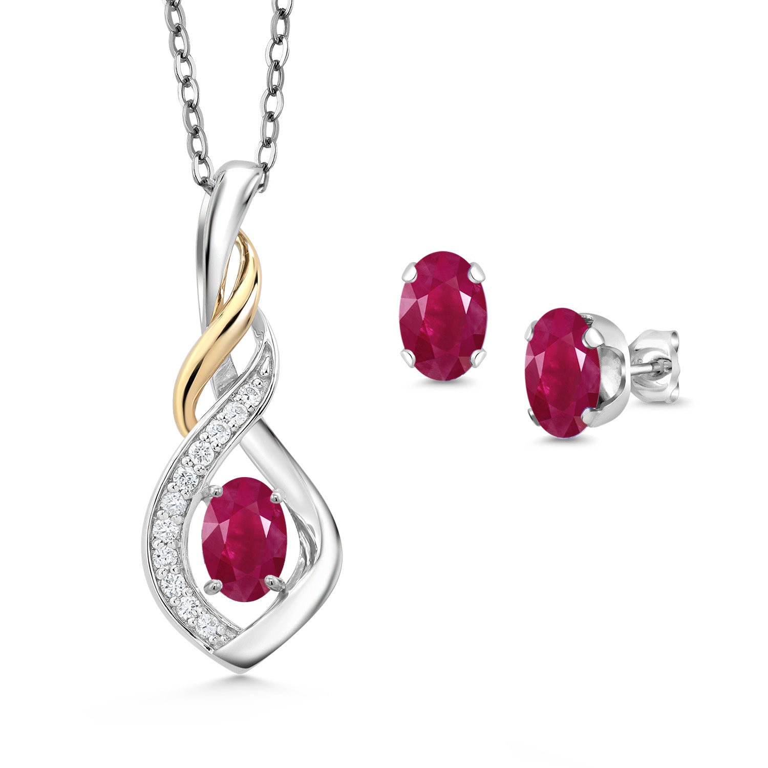 Ruby - July_Pendant Earrings Set in 925 Sterling Silver and 10K Yellow Gold