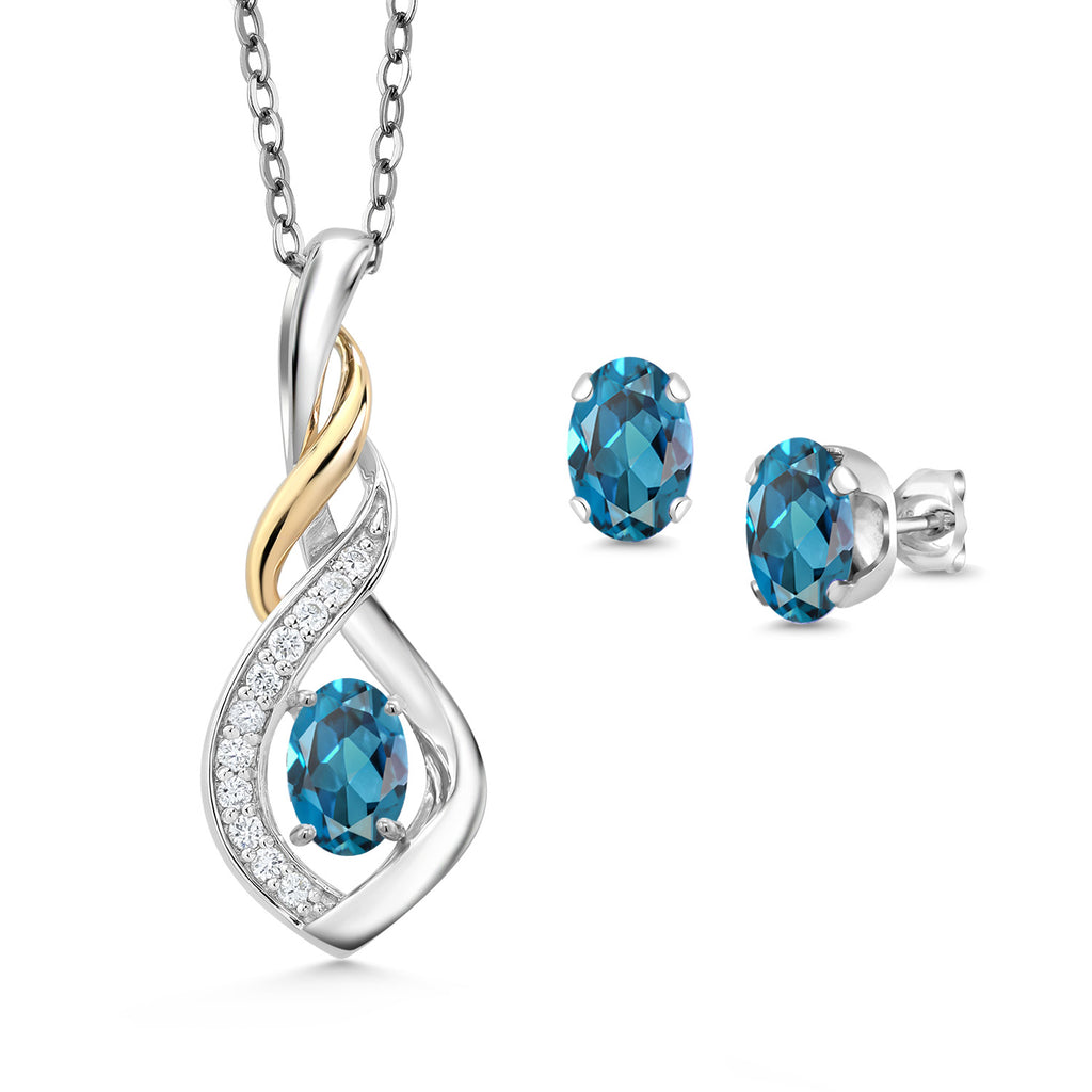 London Blue Topaz - November_Pendant Earrings Set in 925 Sterling Silver and 10K Yellow Gold
