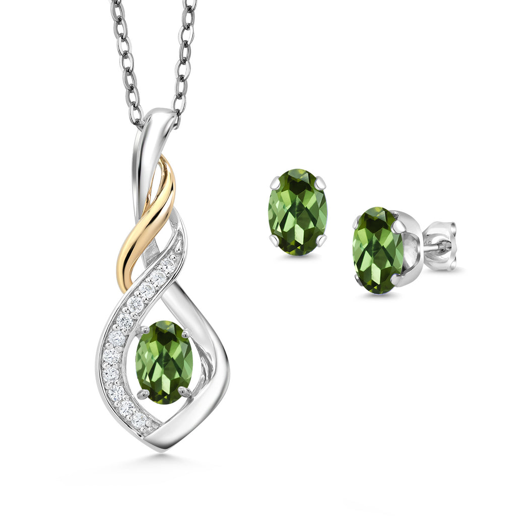 Green Tourmaline - October_Pendant Earrings Set in 925 Sterling Silver and 10K Yellow Gold