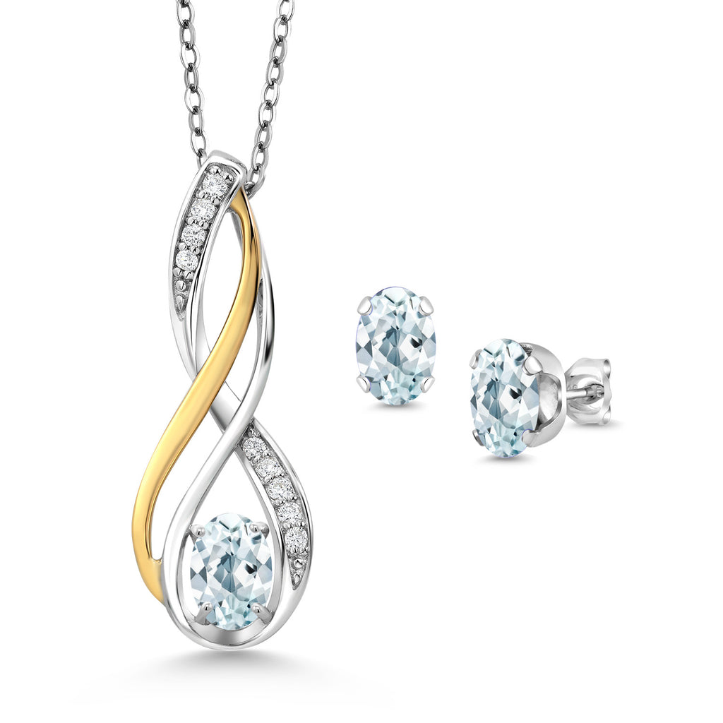 Aquamarine - March_Pendant Earrings Set in 925 Sterling Silver and 10K Yellow Gold